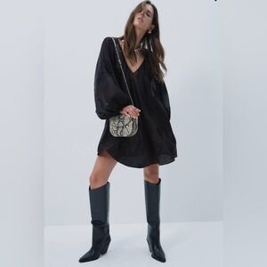 NWT H&M Black Sheer Embroidered Balloon Sleeve Tunic Dress Cover Up, SZ XS